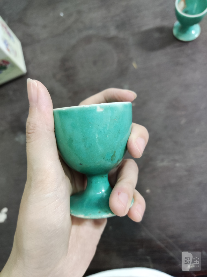 清 绿釉高足杯一对 - 图3